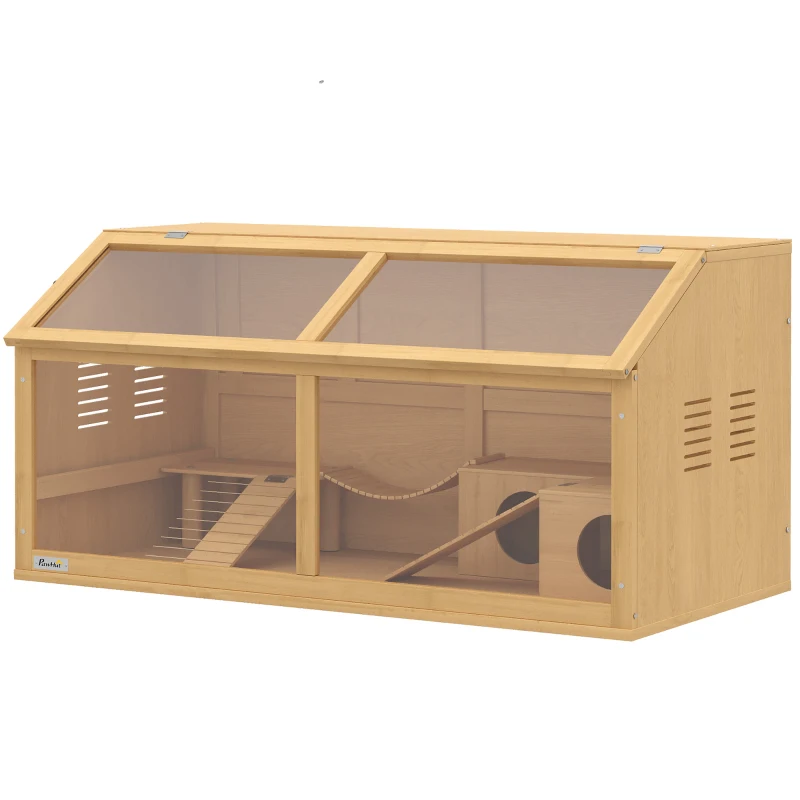 PawHut Cage pour hamster en bois 100 x 52 x 50 cm Grande cage pour rongeurs avec rangement, toit rabattable, fenêtre en acrylique, ouverture de ventilation, plateforme