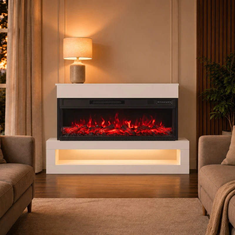 HOMCOM Șemineu Electric Podea/Perete 900/1800W cu Bandă LED, 3 Fețe, Mobilier TV 140 cm, 12 Culori Flacără, Telecomandă, Alb