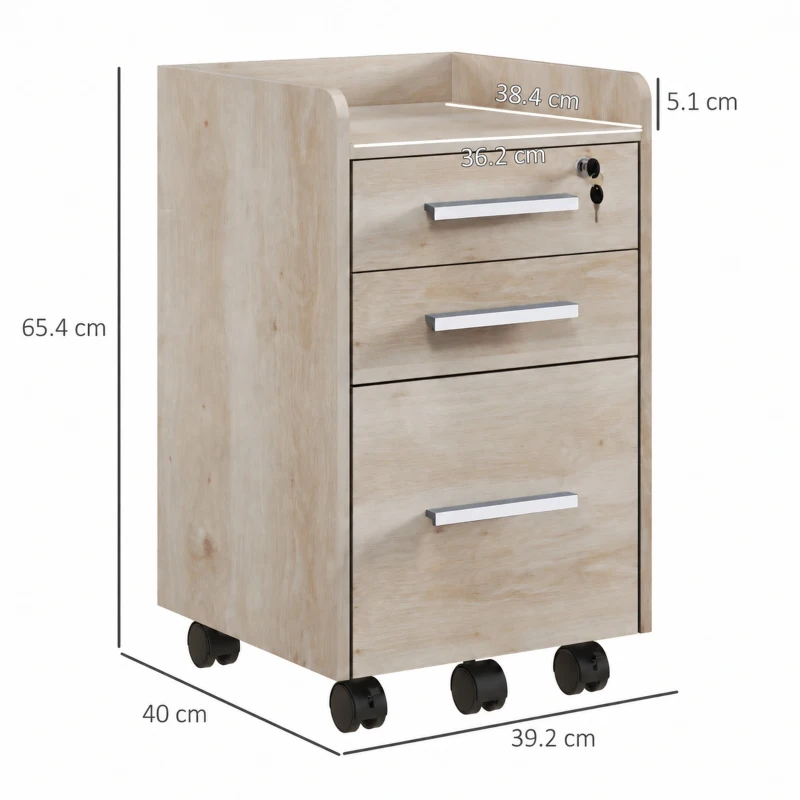 HOMCOM Comodă de birou cu roți și 3 sertare Încuietoare și 2 Chei Bare Reglabile pentru Dosare 39,2x40x65,4 cm Stejar