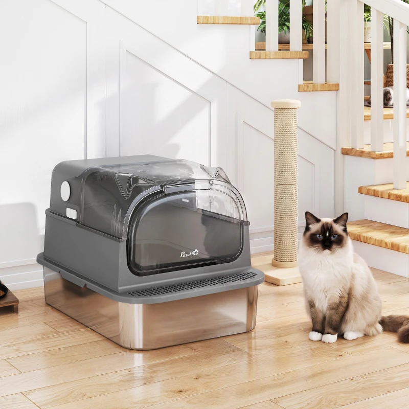 PawHut Caixa de Areia Aço Inoxidável com Tampa Removível XL 92L para Gatos Grandes 3 em 1 com Pá Bordas Altas