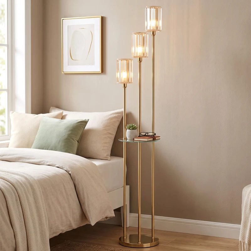 HOMCOM Lampadar Raft Sticlă 3 Lumini Lampă de Podea Abajur Sticlă Auriu