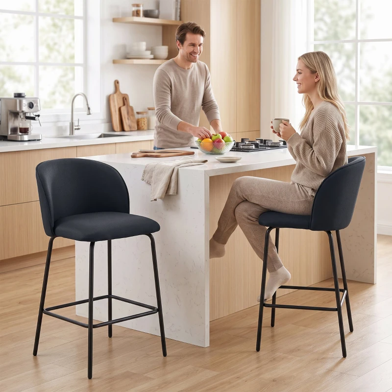 HOMCOM Set 2 Sgabelli da Bar con Schienale e Poggiapiedi, Rivestimento in Tessuto e Gambe in Acciaio, Nero