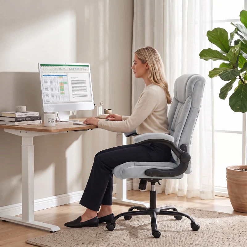 HOMCOM Cadeira de Escritório Ergonômica em Tecido Flanela, Altura Ajustável, Balanço, Apoios de Braços Eleváveis, 66x77x122cm, Cinza Claro
