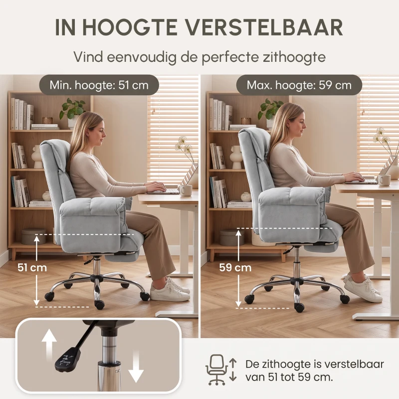 HOMCOM Bureaustoel met voetensteun, verstelbare rugleuning, hoge rugleuning en armleuningen, comfortabele thuiswerkstoel, grijs