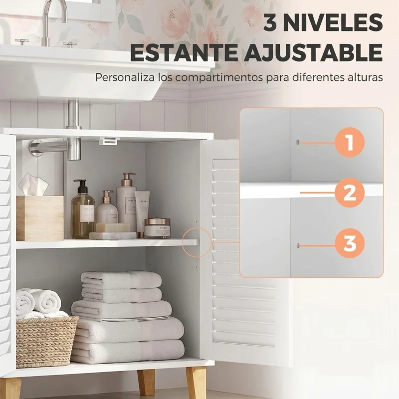 HOMCOM Mueble Bajo Lavabo con 2 Puertas de Lamas Estante Ajustable y Patas de Bambú 60x30x60 cm Blanco
