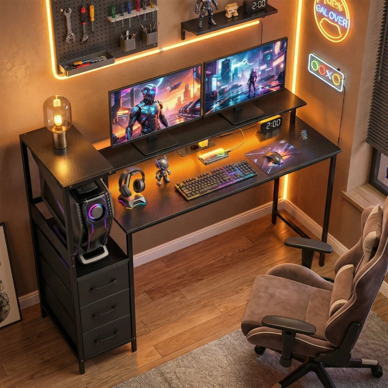 HOMCOM Secretária Gamer 147 x 47 cm, Iluminação RGB, Tomadas e Portas USB, Suporte para Unidade Central Ajustável e Reversível, Preto