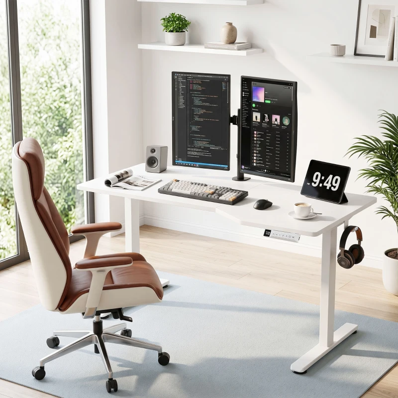 HOMCOM Secretária Elétrica Sentar e Levantar 140 x 80 cm, Secretária de Canto com Ecrã LCD, Altura Ajustável, 3 Memórias, Branco