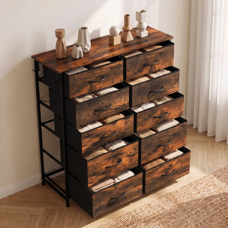 HOMCOM Cómoda 10 Cajones de Tela Plegables, Cómoda Dormitorio Adulto con Bolsillos Laterales y 2 Ganchos, Marrón Rústico