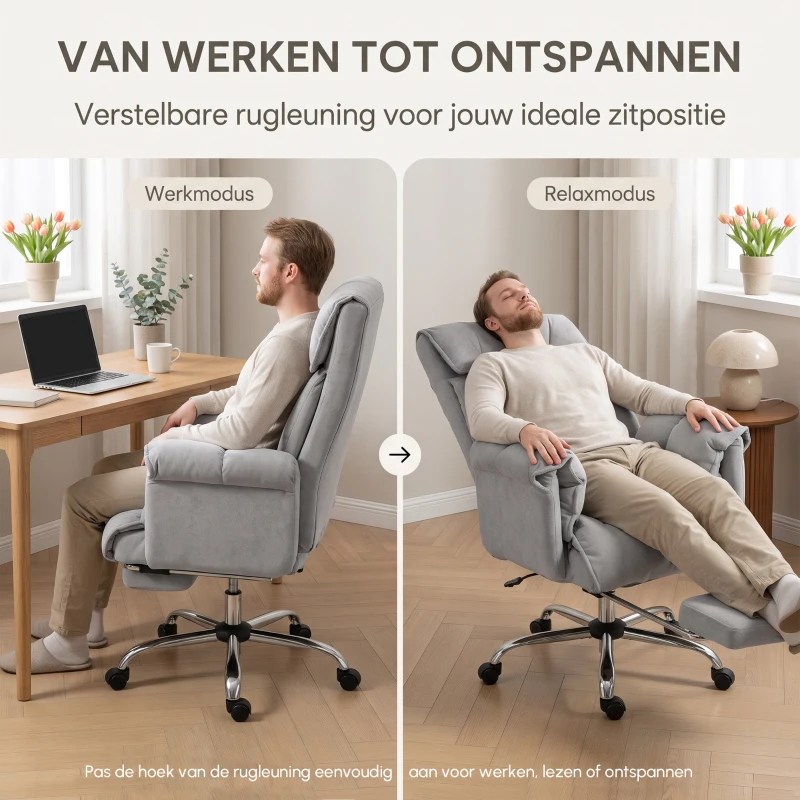 HOMCOM Bureaustoel met voetensteun, verstelbare rugleuning, hoge rugleuning en armleuningen, comfortabele thuiswerkstoel, grijs