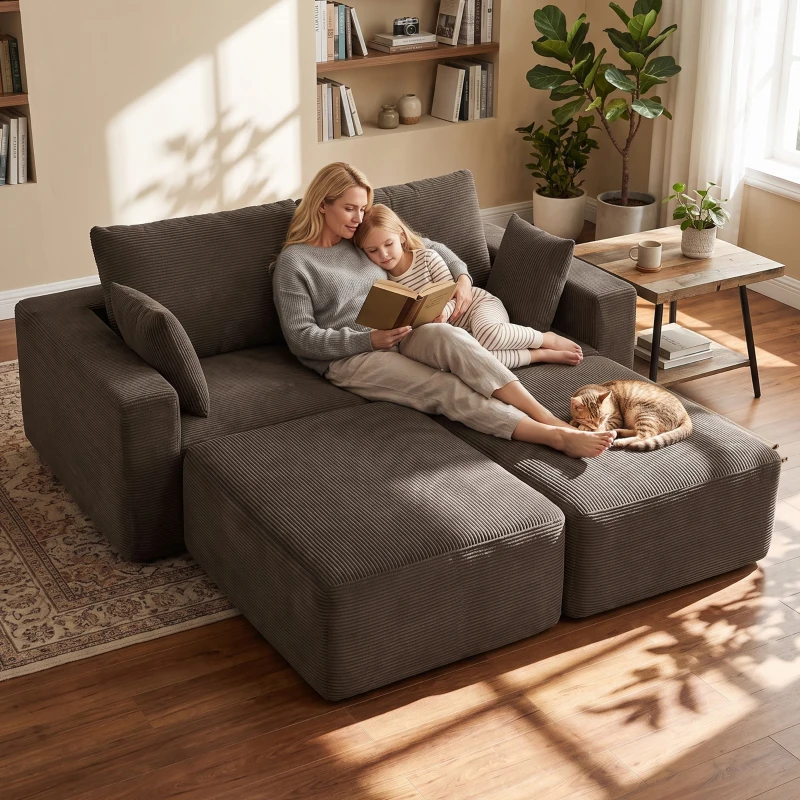 HOMCOM Sofá modular en U 287 cm, sin estructura, asiento ancho y profundo de pana, espuma de alta densidad, sin montaje, Caqui