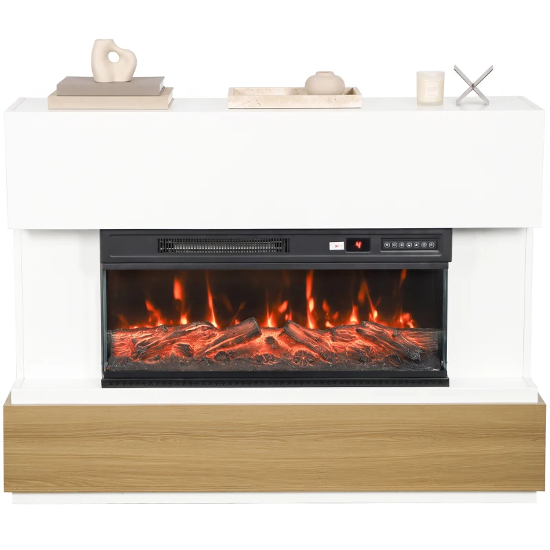 HOMCOM Foyer électrique au sol et encastrable à 3 faces, 900/1800W, 12 couleurs flammes 3D, 117 cm, Blanc