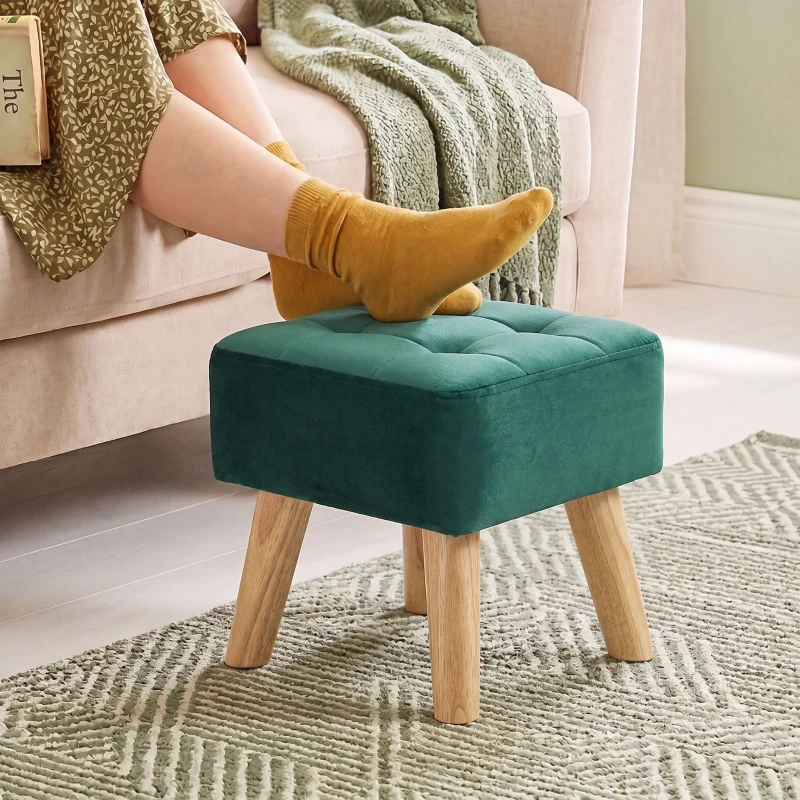 HOMCOM Suport pentru picioare living, Ottoman, Scaun tapițat în material textil cu picioare din lemn, 27 x 27 x 26 cm, Verde închis