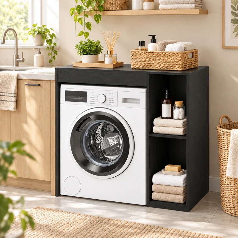 HOMCOM Mobilier pentru mașina de spălat, dulap pentru mașina de spălat și uscător cu 2 compartimente deschise, 96 x 60 x 90,5 cm, negru