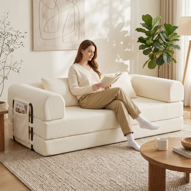 HOMCOM Canapé-Lit Convertible 5 en 1 3 Places en Chenille 207 cm Pliable au Sol Mousse Haute Densité 2 Coussins Blanc