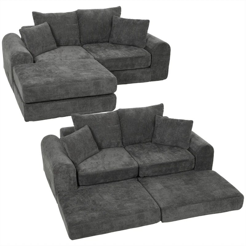 HOMCOM Canapea extensibilă modulară colțar, transformabilă, design soft fără muchii dure, șezut adânc 76 cm, spumă de înaltă densitate, gri închis