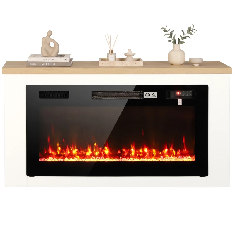 HOMCOM Cheminée électrique avec chauffage, 12 couleurs de flammes, meuble TV avec cheminée pour TV jusqu'à 55 pouces (140 cm), 114 cm blanc
