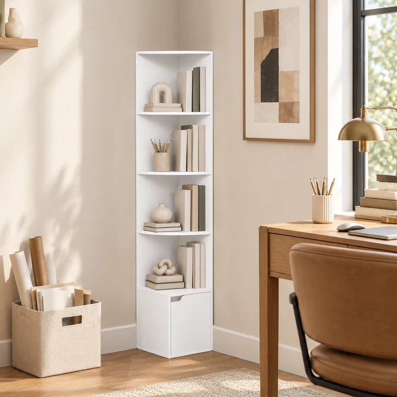HOMCOM Eckregal mit 5 Ebenen, Regalböden und Schrank für Wohnzimmer, Schlafzimmer, 29,5x29,5x158 cm, Weiß
