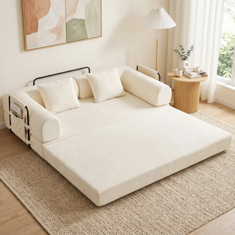 HOMCOM Canapé-Lit Convertible 5 en 1 3 Places en Chenille 207 cm Pliable au Sol Mousse Haute Densité 2 Coussins Blanc