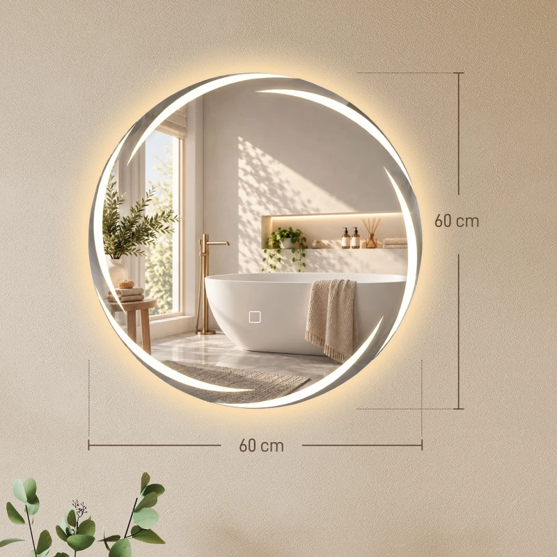 HOMCOM Oglindă de baie rotundă cu lumini LED 60x60 cm Oglindă de perete Anti-ceață Memorie 3 temperaturi de culoare Luminozitate reglabilă