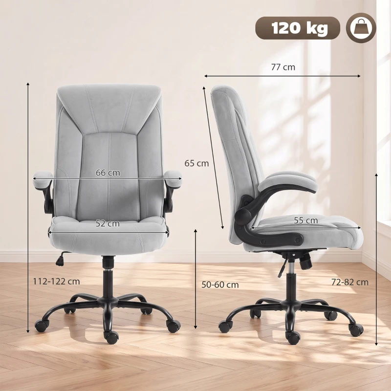 HOMCOM Scaun de birou ergonomic din țesătură flanelă, înălțime reglabilă, balans, cotiere rabatabile, 66x77x122cm, gri deschis