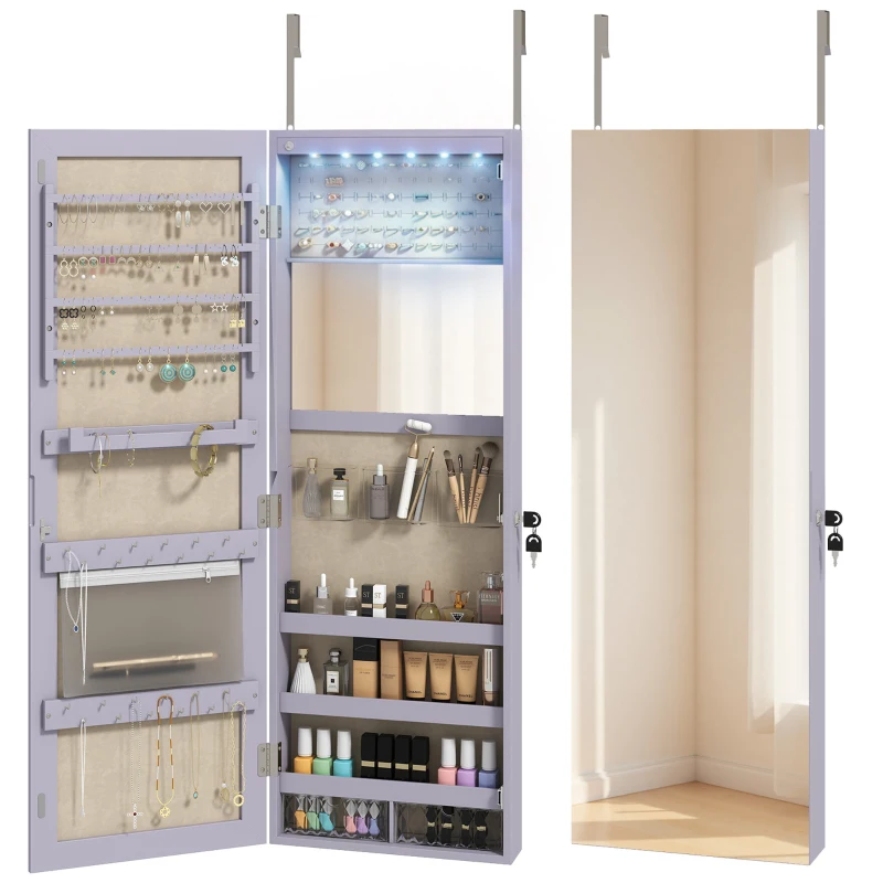 HOMCOM Wand-Schmuckschrank mit LED-Leuchten Klappbarer kleiner Spiegel Schloss zum Aufhängen an Wand oder Tür Lila