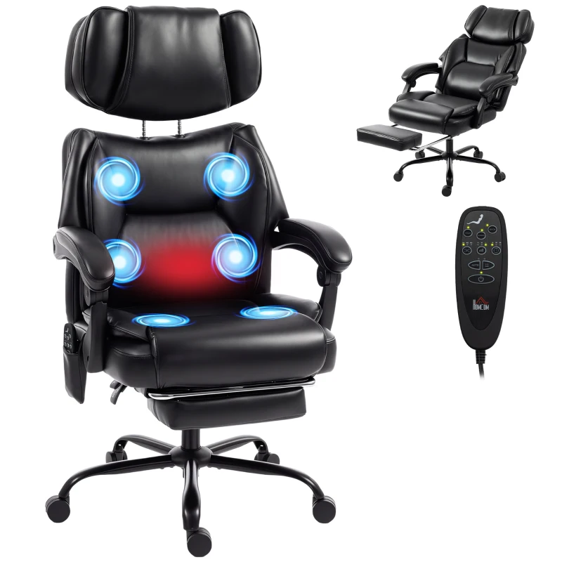 HOMCOM Fauteuil de bureau massant 6 points vibrant, chauffé avec repose-pieds, en cuir PU, hauteur réglable, Noir