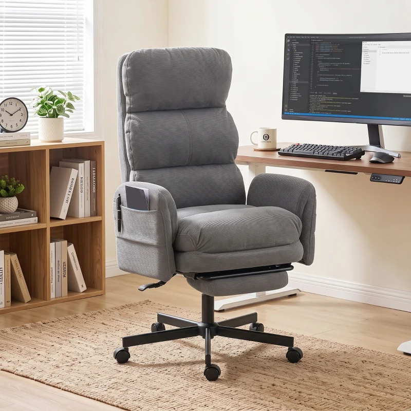 HOMCOM Scaun Birou Ergonomic, Cotieri Rabatabile, Tetieră Reglabilă, Fotoliu Birou Înclinat Velur Côtelat, Gri