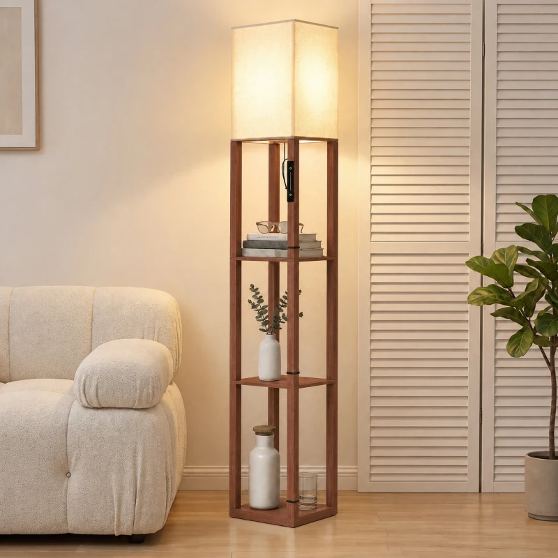 HOMCOM Lampă de Podea cu 3 Rafturi Lumină LED Reglabilă Control Tactil și Telecomandă Abajur Textil Bec Inclus Marrón