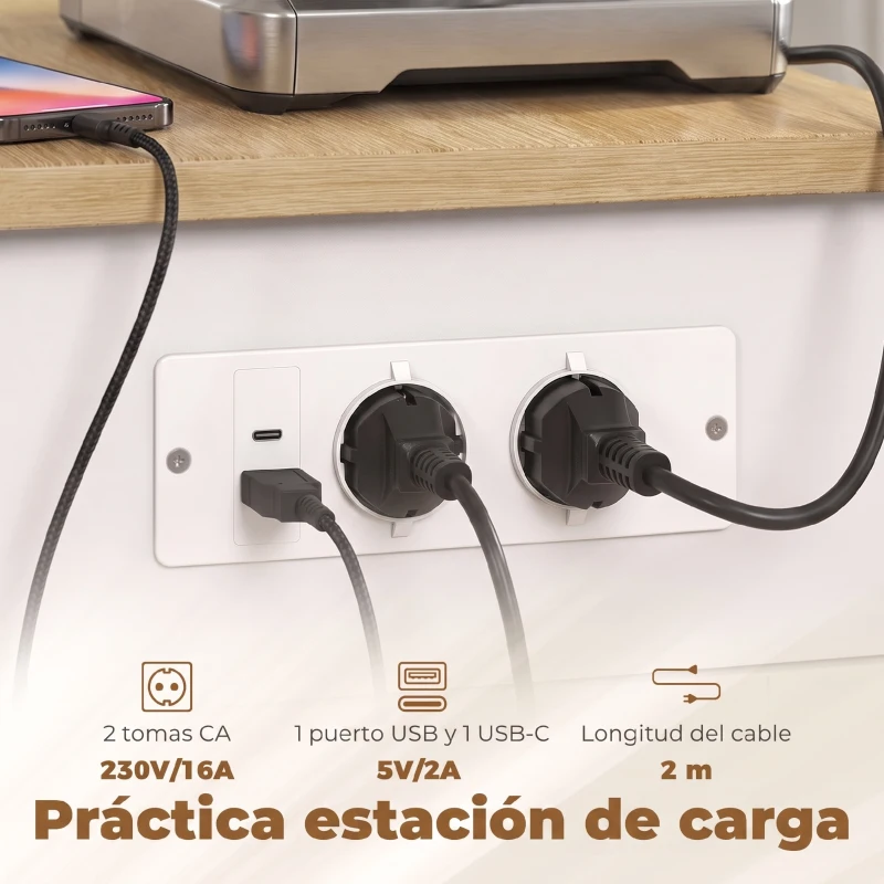 HOMCOM Isla de Cocina con Ruedas, Encimera Extensible Estación de Carga Compartimento para Cubo Estantes en las Puertas Blanco