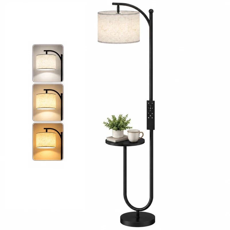 HOMCOM Dimmbare LED-Stehlampe mit Ablage 11 Farbtemperaturen und Helligkeitsstufen Einstellbarer Schirm RF-Fernbedienung Fußschalter Schwarz