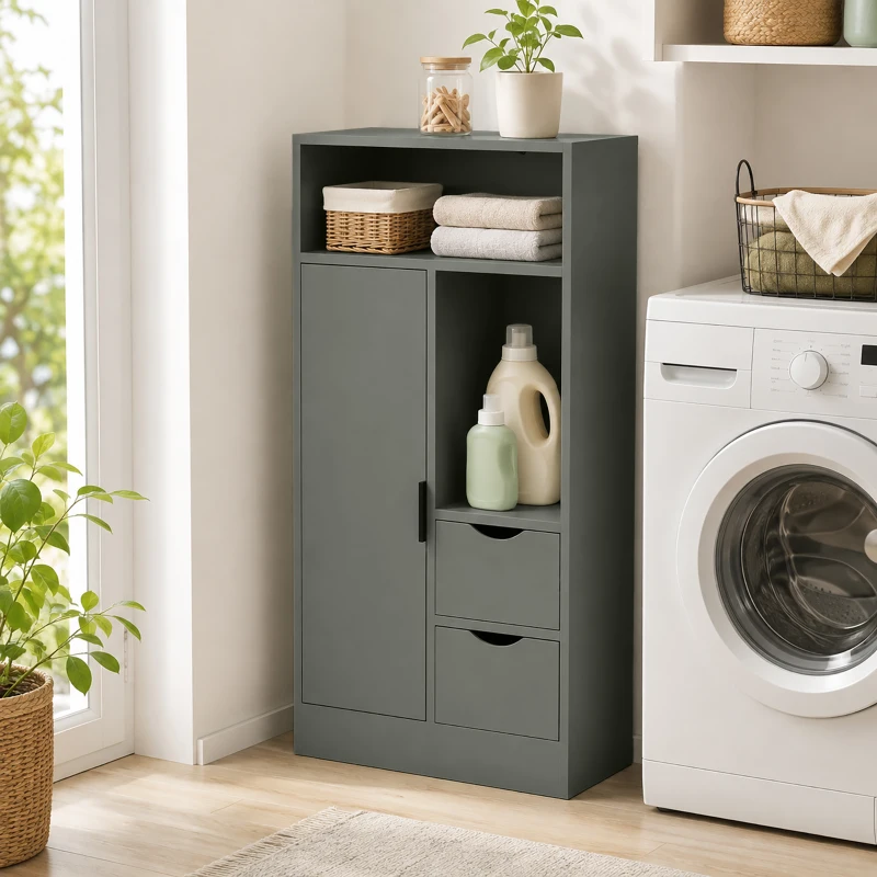 HOMCOM Mobilier pentru baie, corp de depozitare îngust cu 2 sertare, compartimente deschise, 50x25x100cm, verde deschis