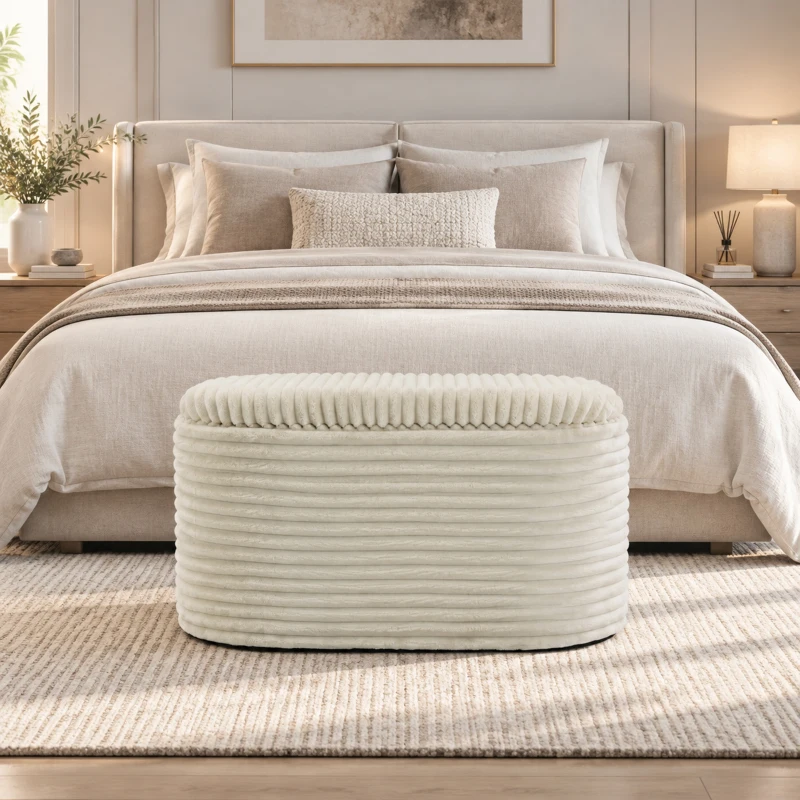 HOMCOM Set de 3 Poufs-coffre Gain de Place en Velours Côtelé, pour Salon et Chambre, Crème