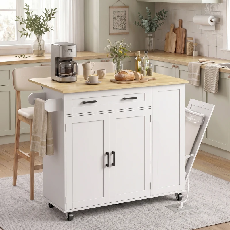 HOMCOM Isla de Cocina con Ruedas, Encimera Extensible Estación de Carga Compartimento para Cubo Estantes en las Puertas Blanco