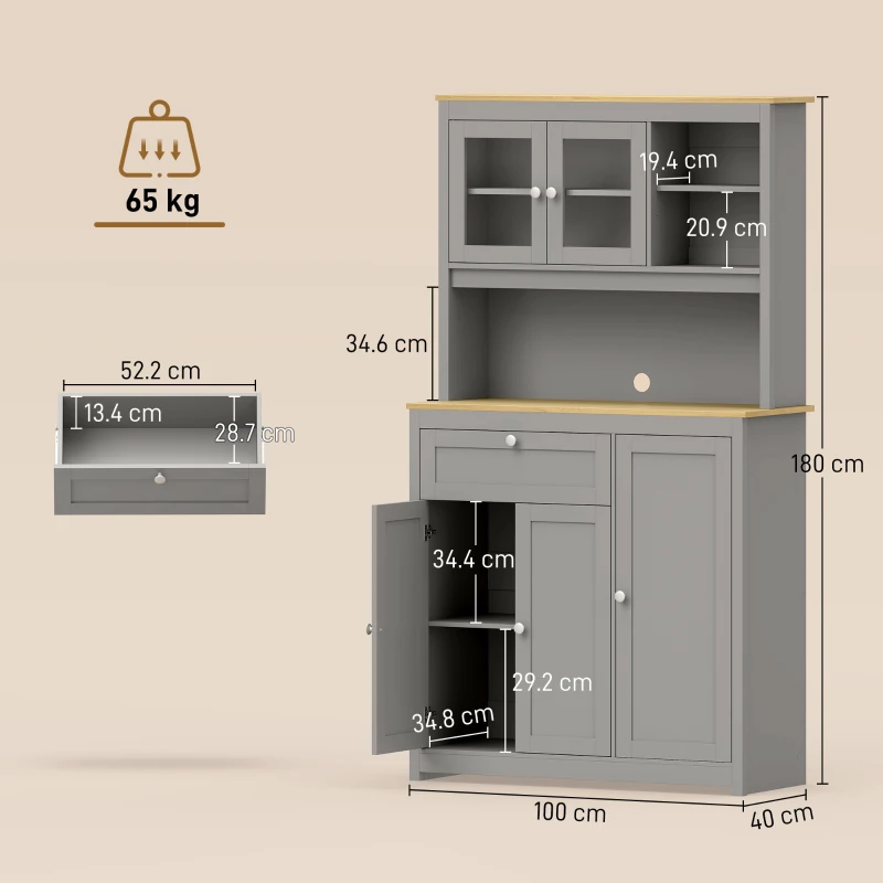 HOMCOM Dulap de provizii cu suprafață de lucru deschisă și orificiu pentru cablu, bufet de bucătărie cu uși din sticlă Gri, 180cm
