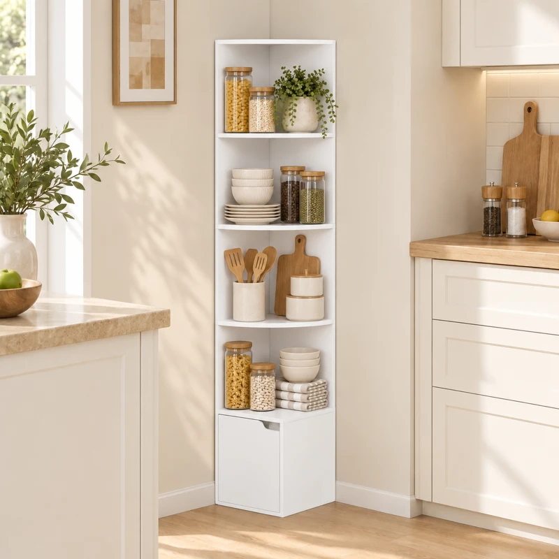 HOMCOM Eckregal mit 5 Ebenen, Regalböden und Schrank für Wohnzimmer, Schlafzimmer, 29,5x29,5x158 cm, Weiß