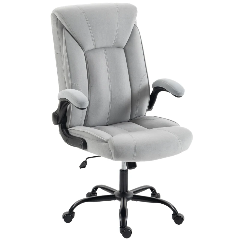 HOMCOM Scaun de birou ergonomic din țesătură flanelă, înălțime reglabilă, balans, cotiere rabatabile, 66x77x122cm, gri deschis