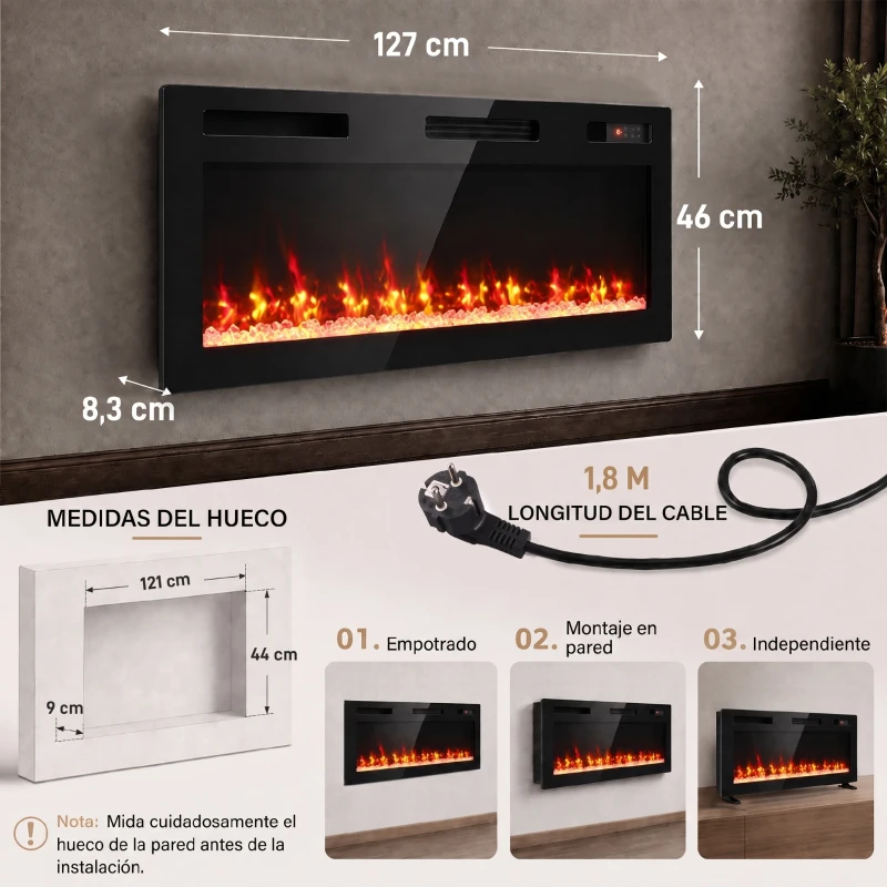 HOMCOM Cheminée Électrique Ultra-Fine 900/1800 W Encastrable/À Suspendre/Sur Pied 12 Couleurs de Flamme 3D Télécommande jusqu'à 35 m² Noir