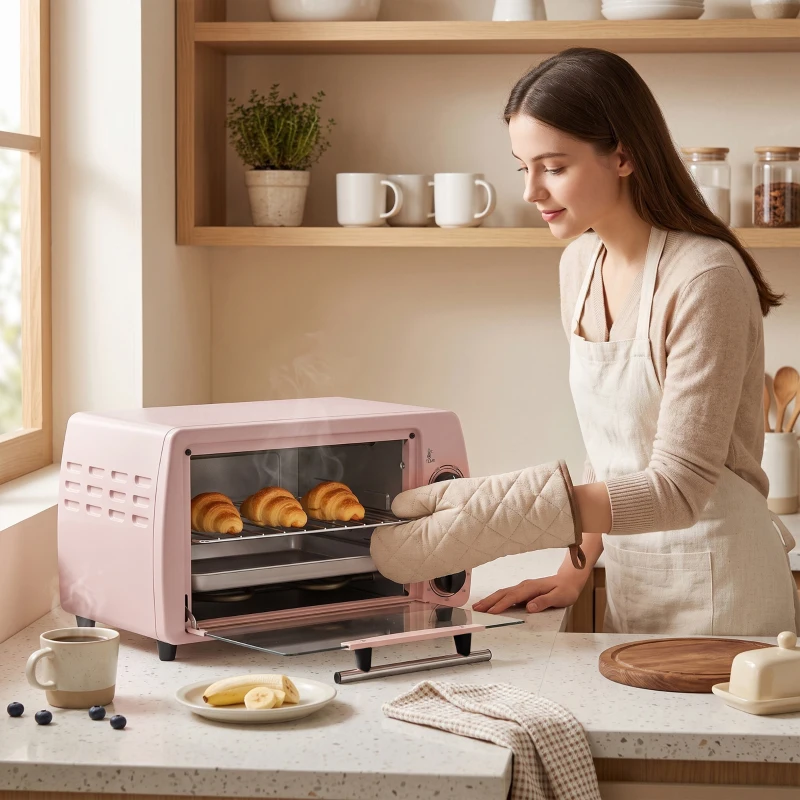 HOMCOM Tisch-Backofen 10L 750W Kleiner Elektro-Ofen Temperatur 230 °C und Timer 36,5x26x22 cm Rosa