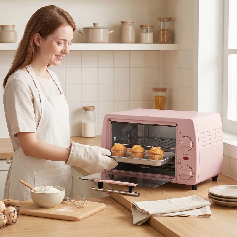 HOMCOM Tisch-Backofen 10L 750W Kleiner Elektro-Ofen Temperatur 230 °C und Timer 36,5x26x22 cm Rosa