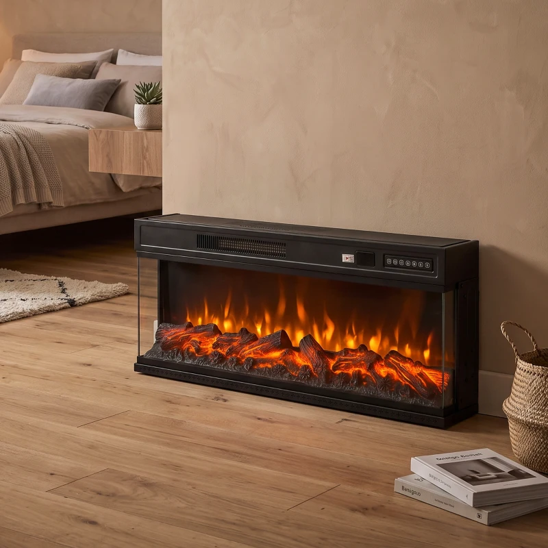 HOMCOM Cheminée électrique sur pied/encastrable 3 côtés avec télécommande, 750/1500 W, Effet flammes 3D 12 couleurs, 5 luminosités