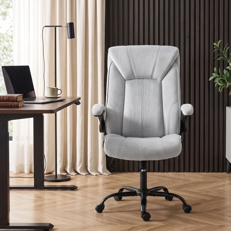 HOMCOM Scaun de birou ergonomic din țesătură flanelă, înălțime reglabilă, balans, cotiere rabatabile, 66x77x122cm, gri deschis