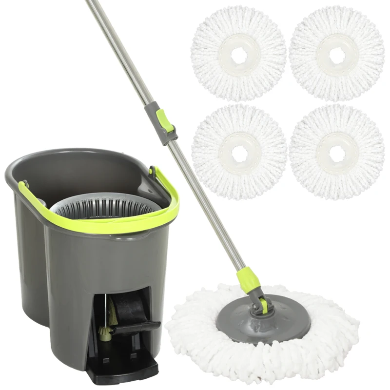 HOMCOM Set mop și găleată cu storcător 2 compartimente Găleată 20 L 5 lavete microfibră Utilizare uscată și umedă Gri Închis