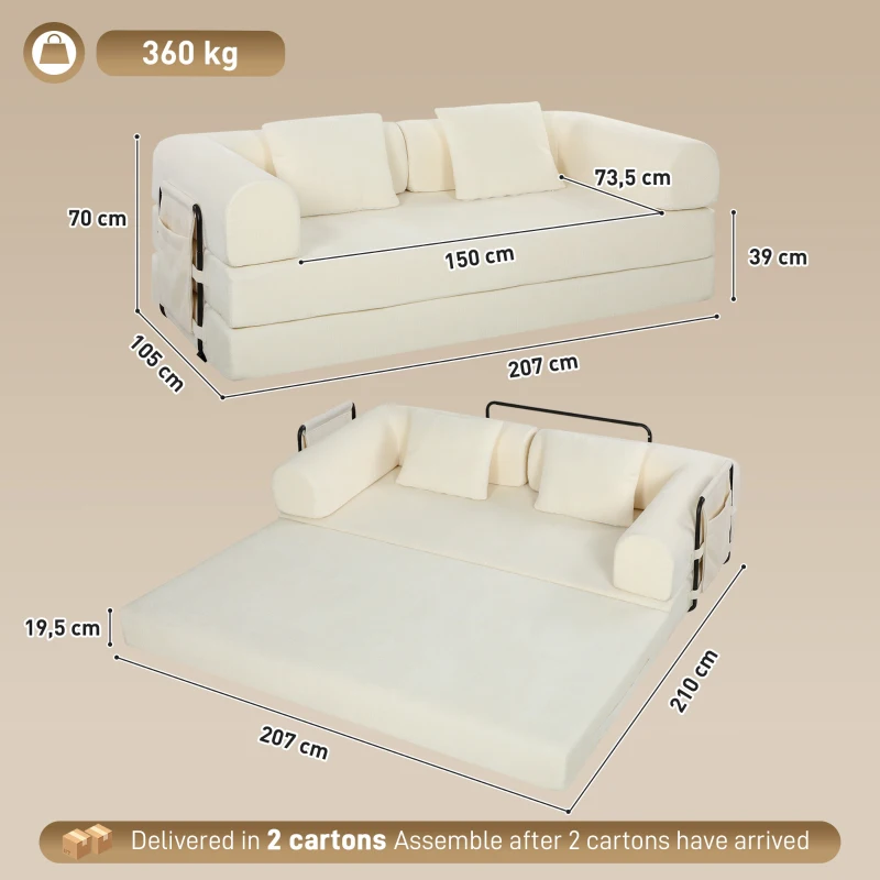 HOMCOM Canapé-Lit Convertible 5 en 1 3 Places en Chenille 207 cm Pliable au Sol Mousse Haute Densité 2 Coussins Blanc