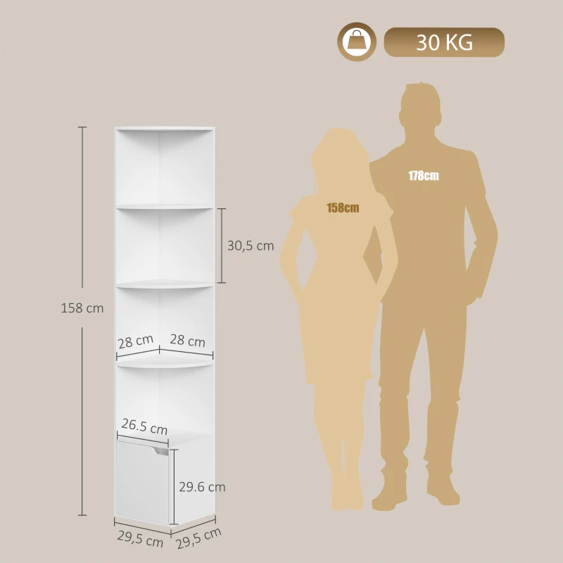 HOMCOM Eckregal mit 5 Ebenen, Regalböden und Schrank für Wohnzimmer, Schlafzimmer, 29,5x29,5x158 cm, Weiß