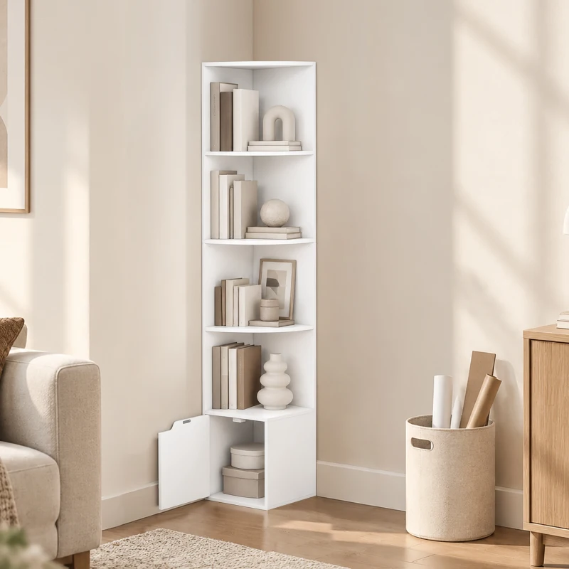 HOMCOM Eckregal mit 5 Ebenen, Regalböden und Schrank für Wohnzimmer, Schlafzimmer, 29,5x29,5x158 cm, Weiß