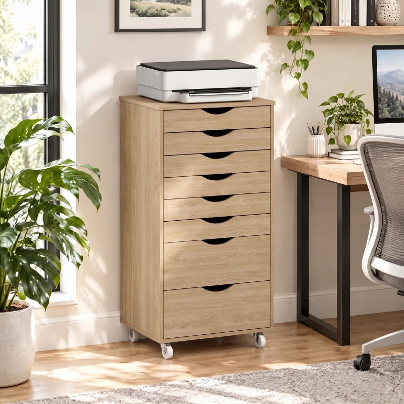 HOMCOM Commode de bureau 8 tiroirs avec roulettes Support pour imprimante Chêne