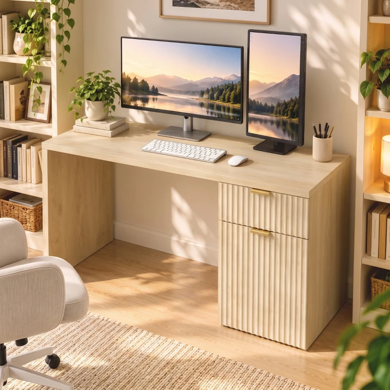 HOMCOM Birou Reversibil 120 cm cu Sertar Dulap Poliță Reglabilă și Blat Gros pentru Spații Mici Birou Stejar