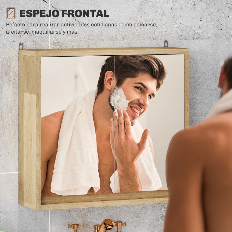 HOMCOM Armario de Baño con Espejo con 2 Puertas y Balda Ajustable Mueble Colgante de Estilo Moderno 48x14,5x45cm Natural
