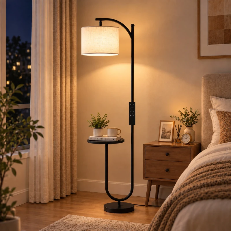 HOMCOM Dimmbare LED-Stehlampe mit Ablage 11 Farbtemperaturen und Helligkeitsstufen Einstellbarer Schirm RF-Fernbedienung Fußschalter Schwarz