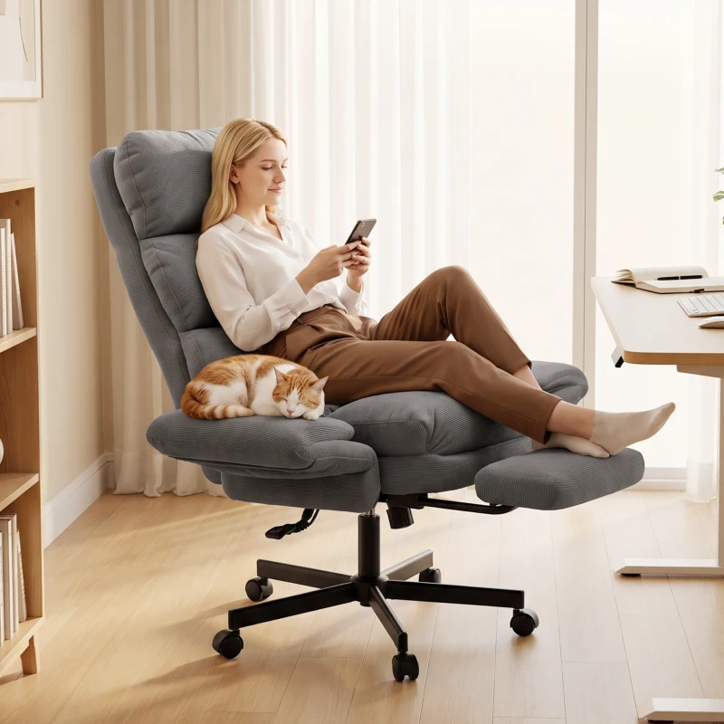 HOMCOM Scaun Birou Ergonomic, Cotieri Rabatabile, Tetieră Reglabilă, Fotoliu Birou Înclinat Velur Côtelat, Gri